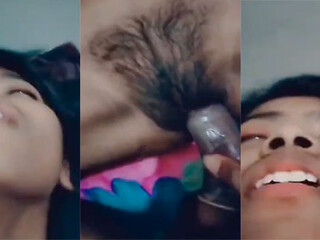 Observe a youthfull nymph with fur covered pussy in act