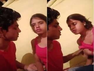 Desi paramour gives a passionate kiss and attempts to demonstrate off her knockers