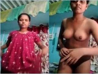 Sensational flick of a village nymph unwrapping naked for money and demonstrating her assets to lover